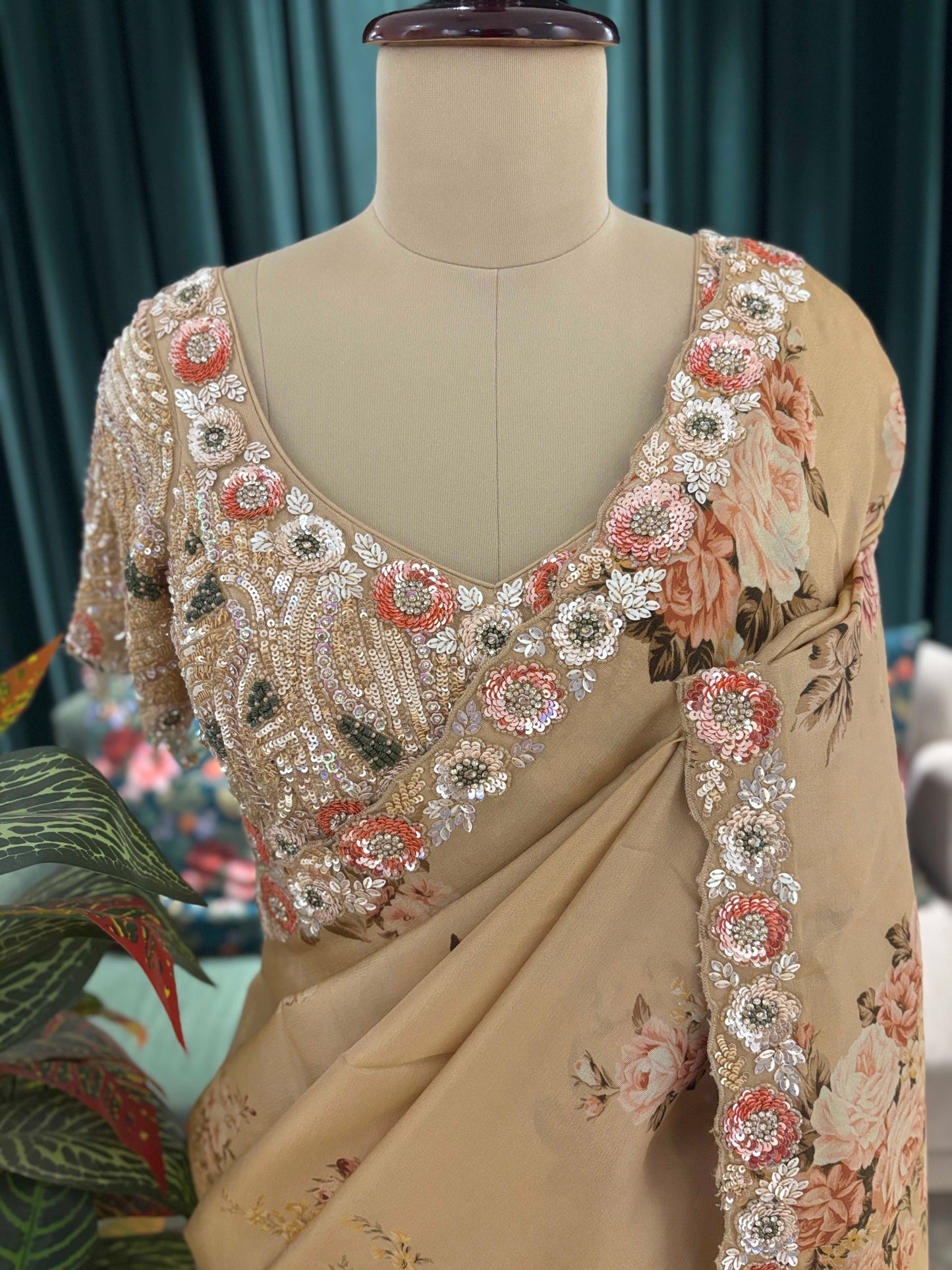 Beige Floral Printed Saree with Embroidered Border