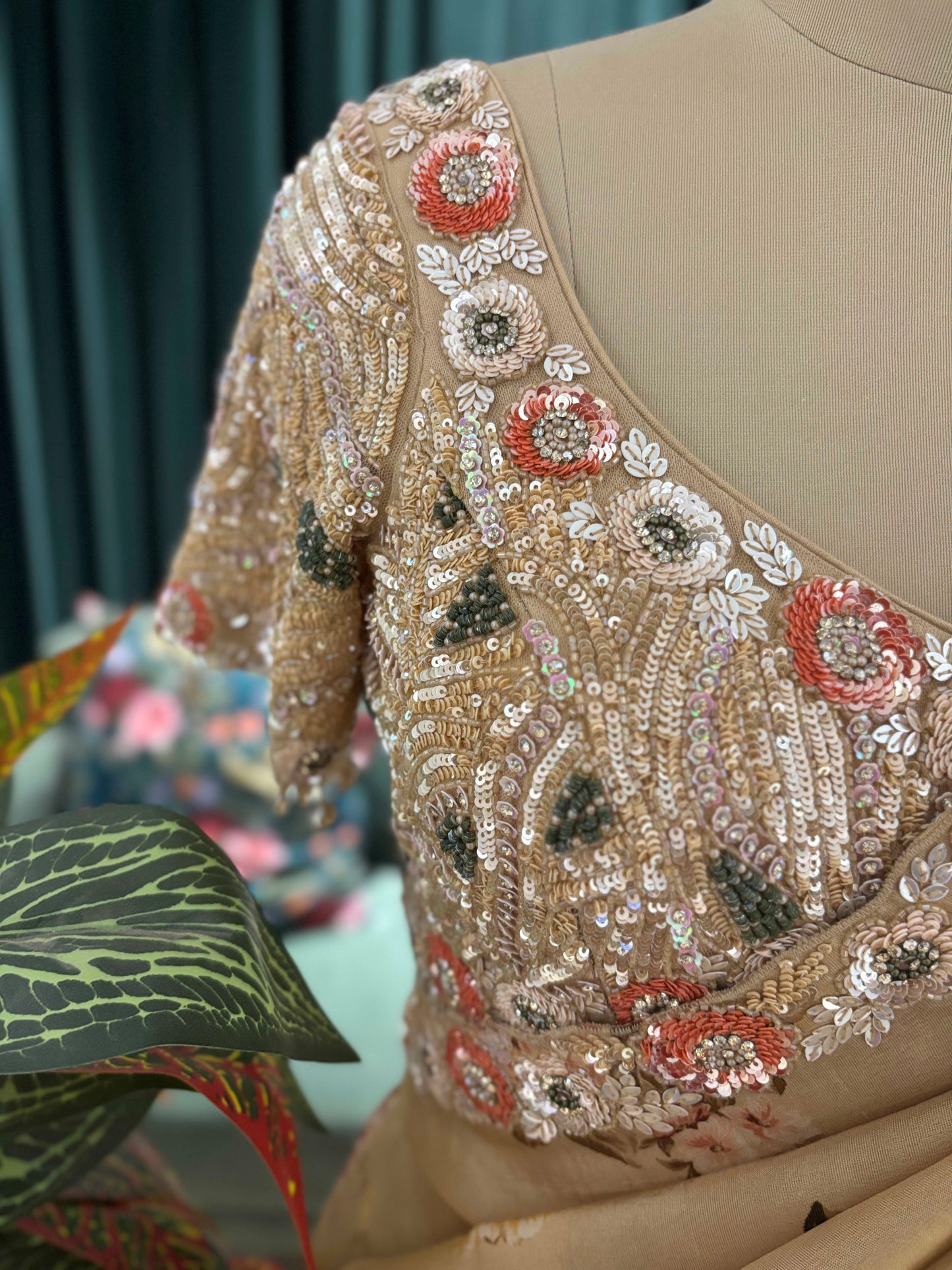 Beige Floral Printed Saree with Embroidered Border