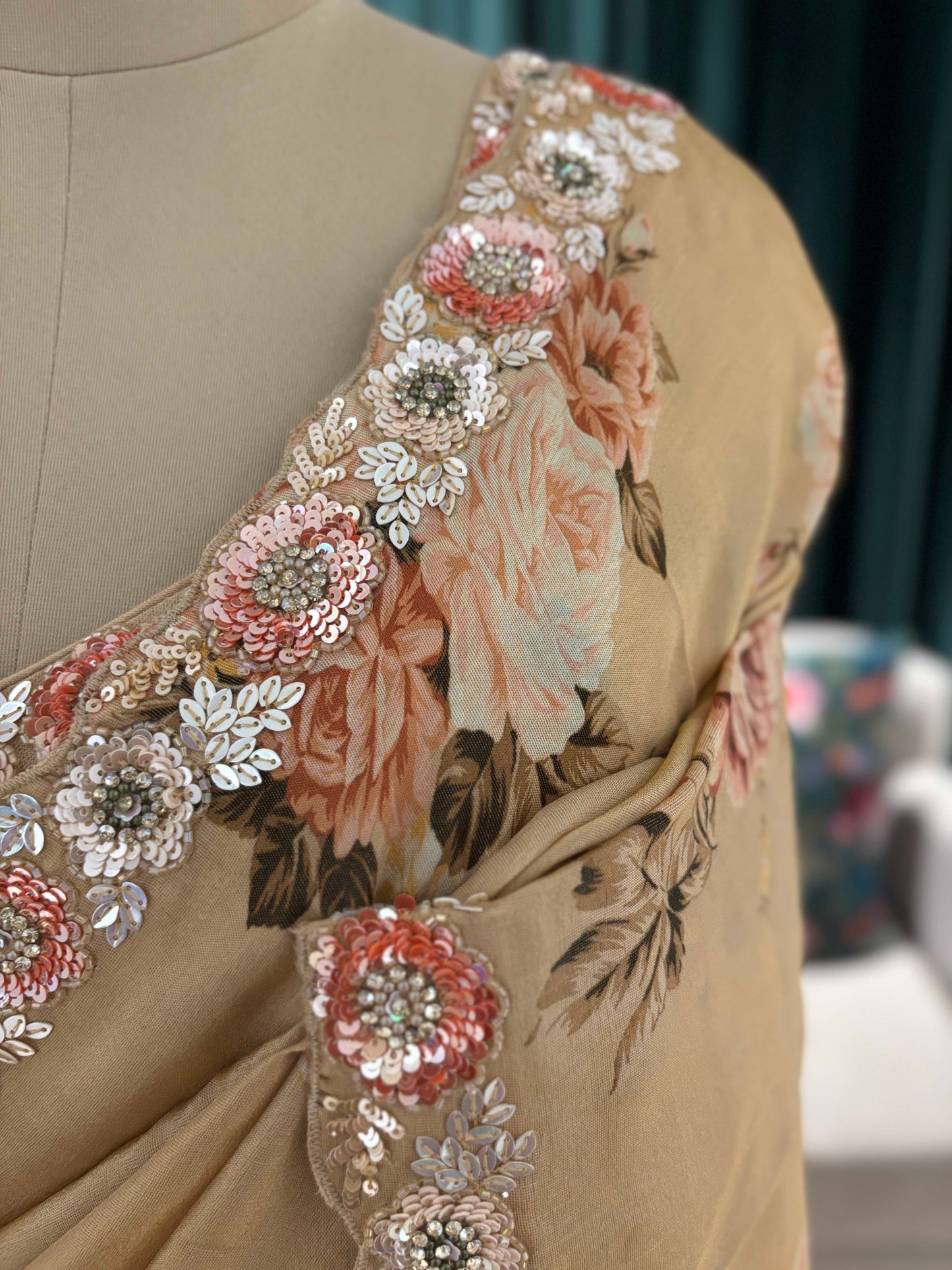 Beige Floral Printed Saree with Embroidered Border