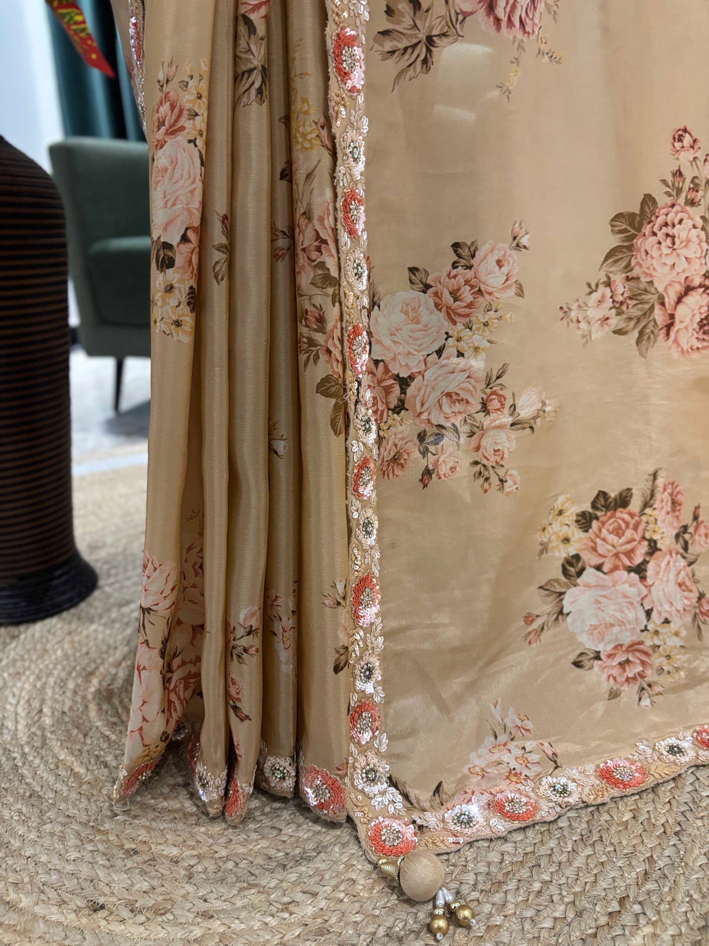 Beige Floral Printed Saree with Embroidered Border