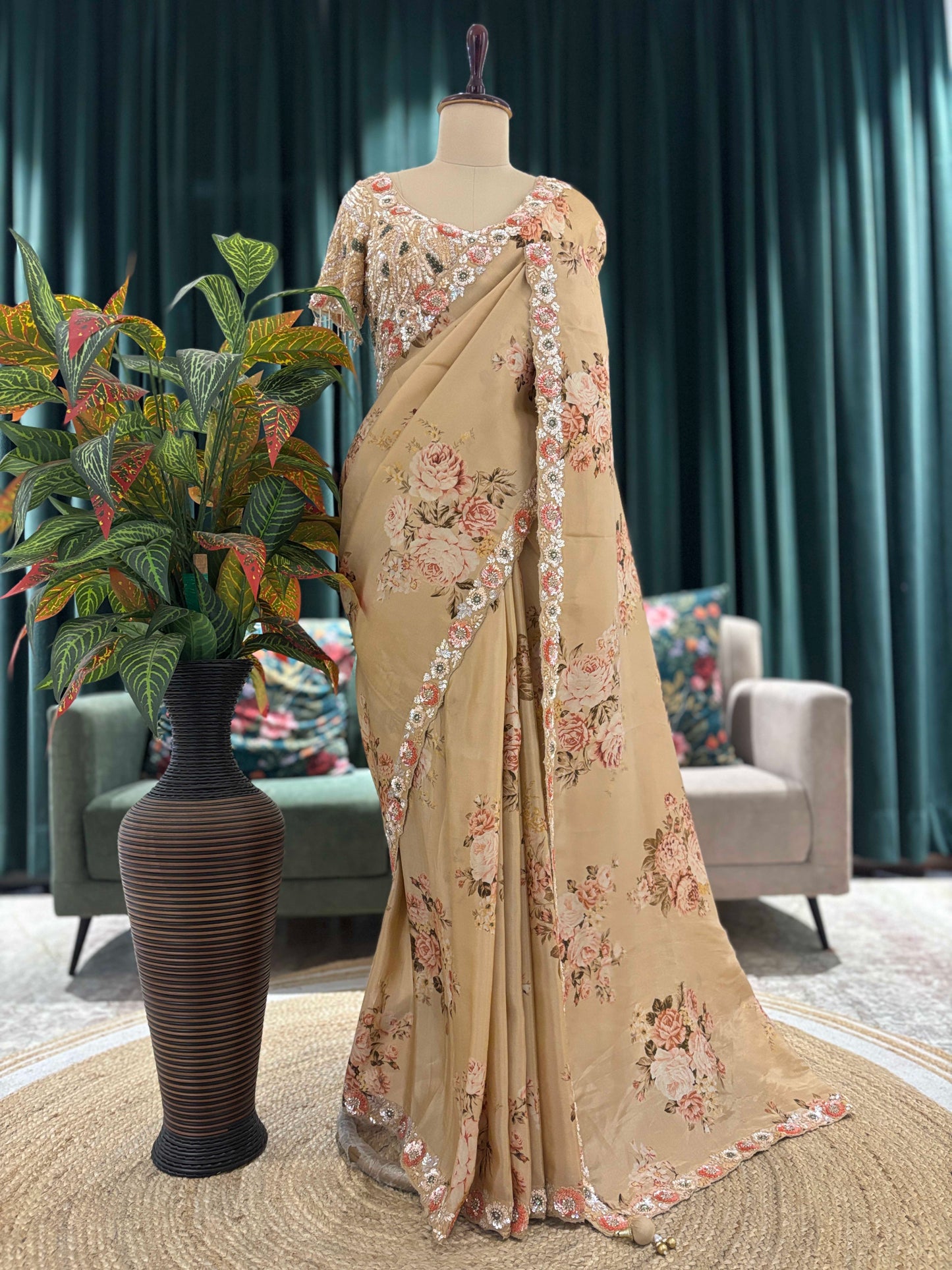 Beige Floral Printed Saree with Embroidered Border