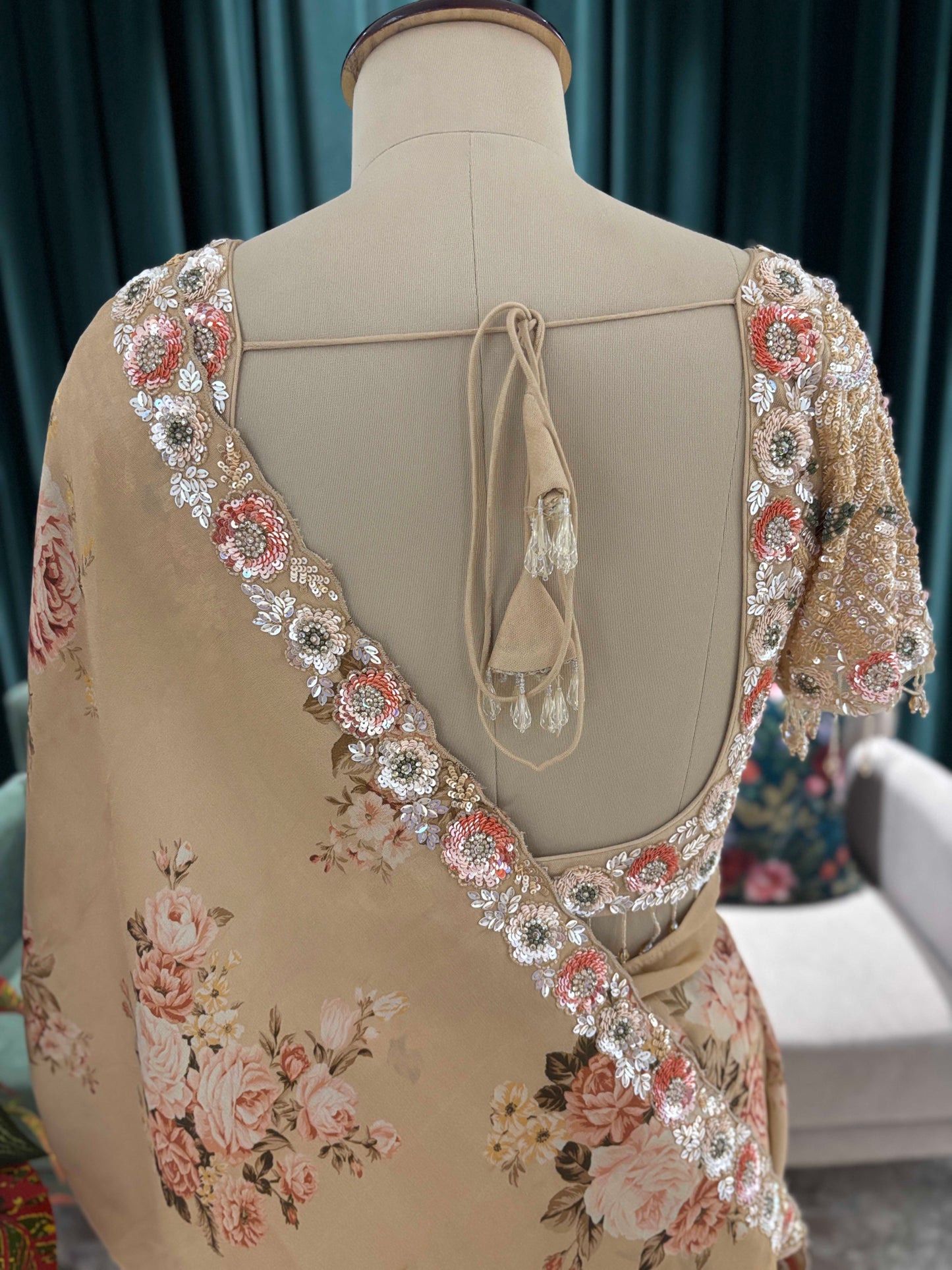 Beige Floral Printed Saree with Embroidered Border