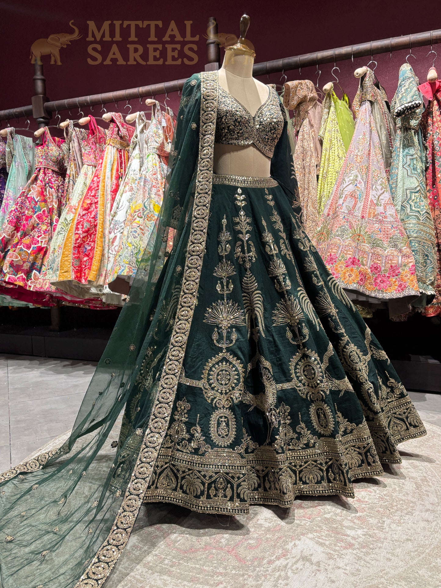Emerald Green Zari Embroidered Bridal Lehenga