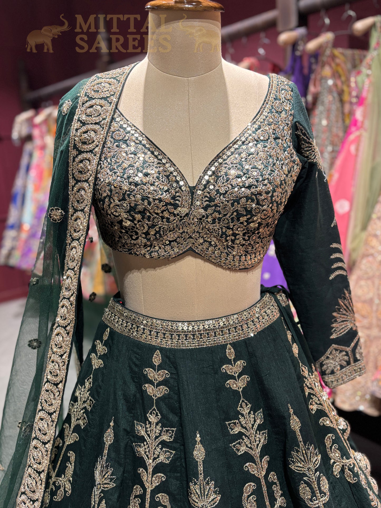 Emerald Green Zari Embroidered Bridal Lehenga