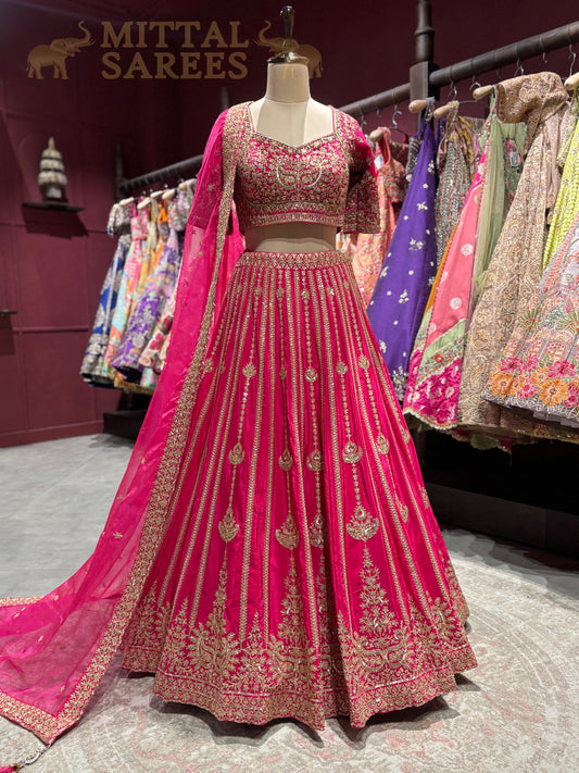Rani Pink Zari Embroidered Bridal Lehenga