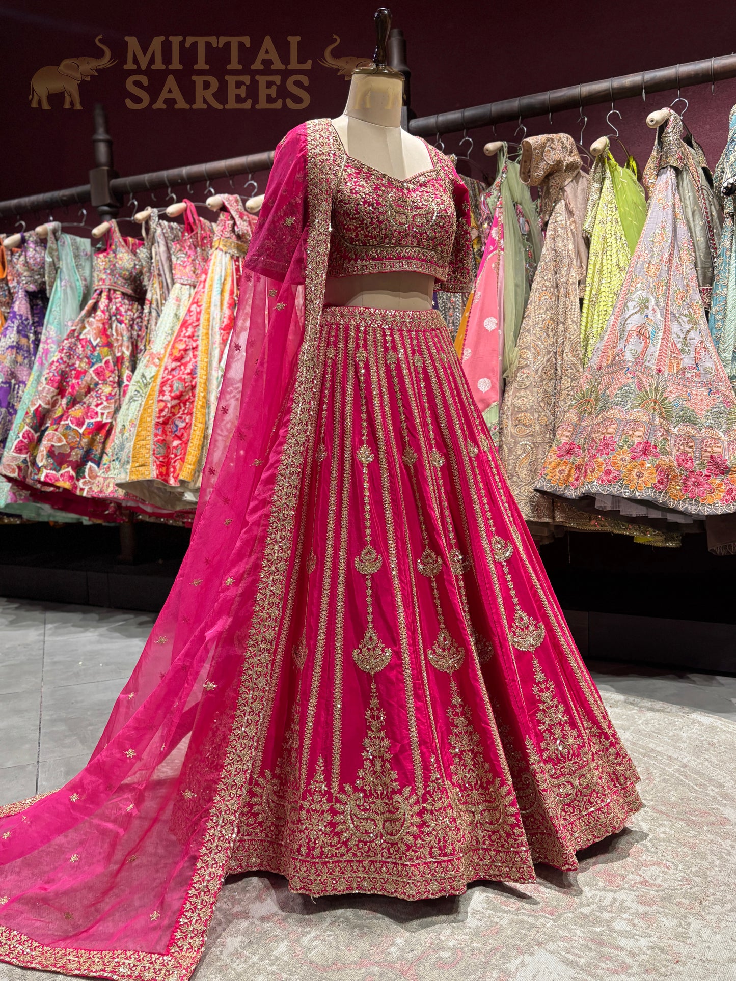 Rani Pink Zari Embroidered Bridal Lehenga