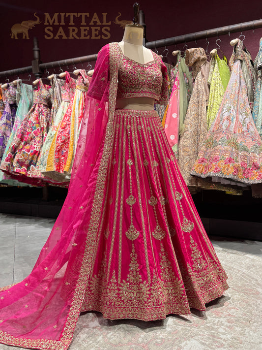 Rani Pink Zari Embroidered Bridal Lehenga