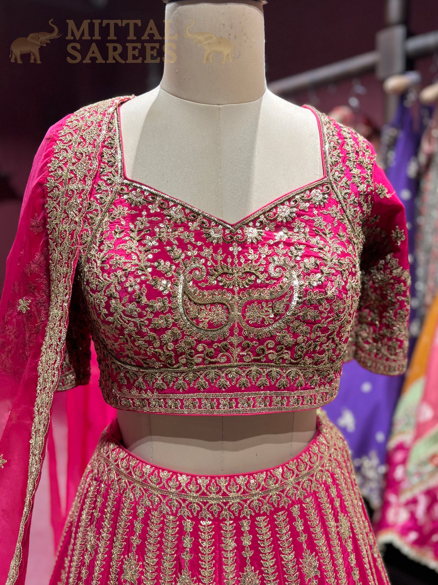 Rani Pink Zari Embroidered Bridal Lehenga