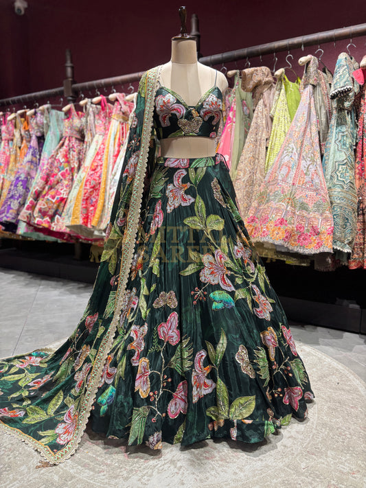Bottle Green Floral Printed Designer Lehenga