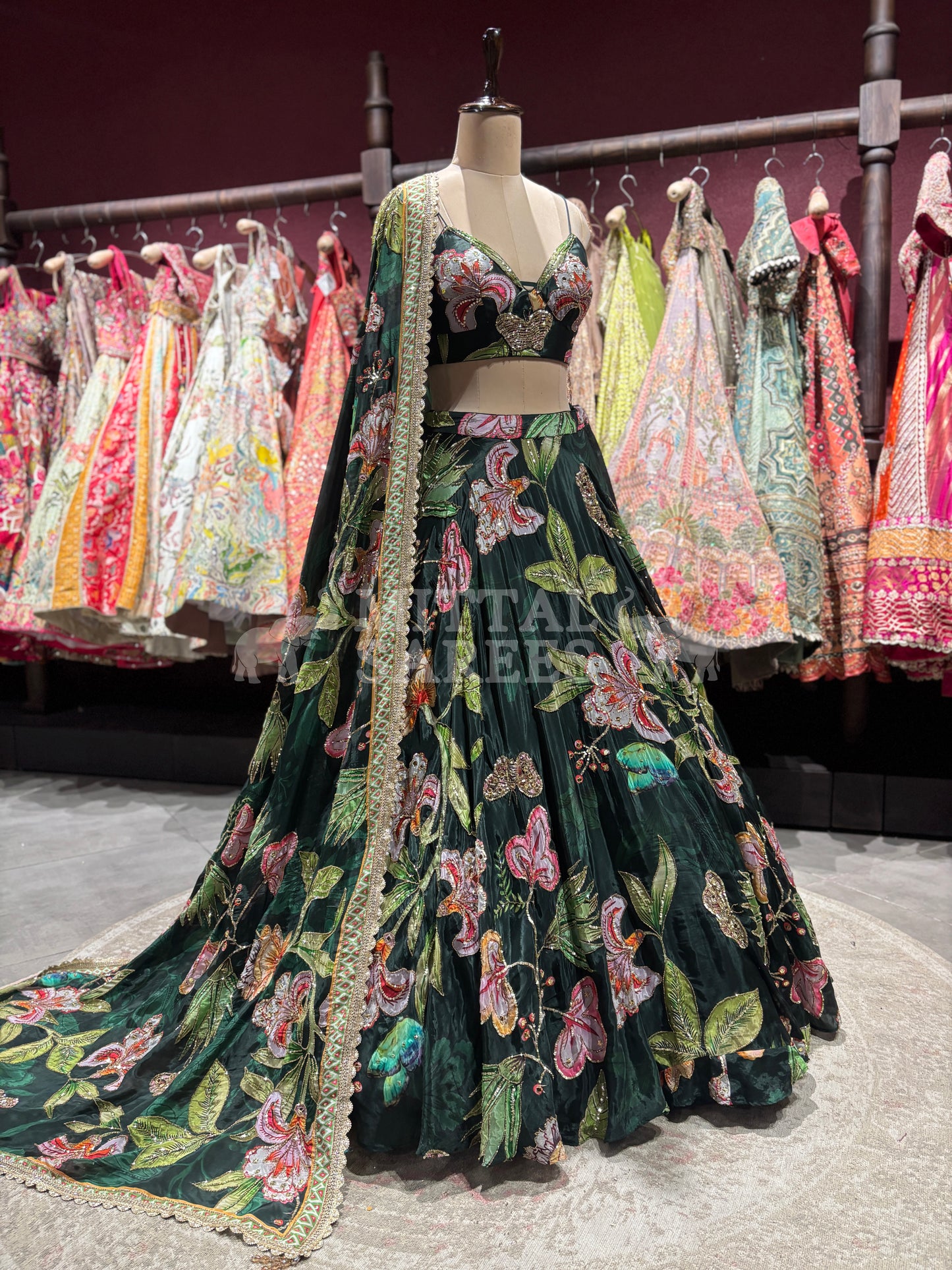 Bottle Green Floral Printed Designer Lehenga