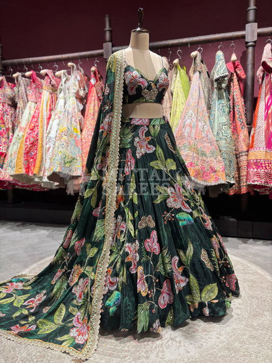Bottle Green Floral Printed Designer Lehenga