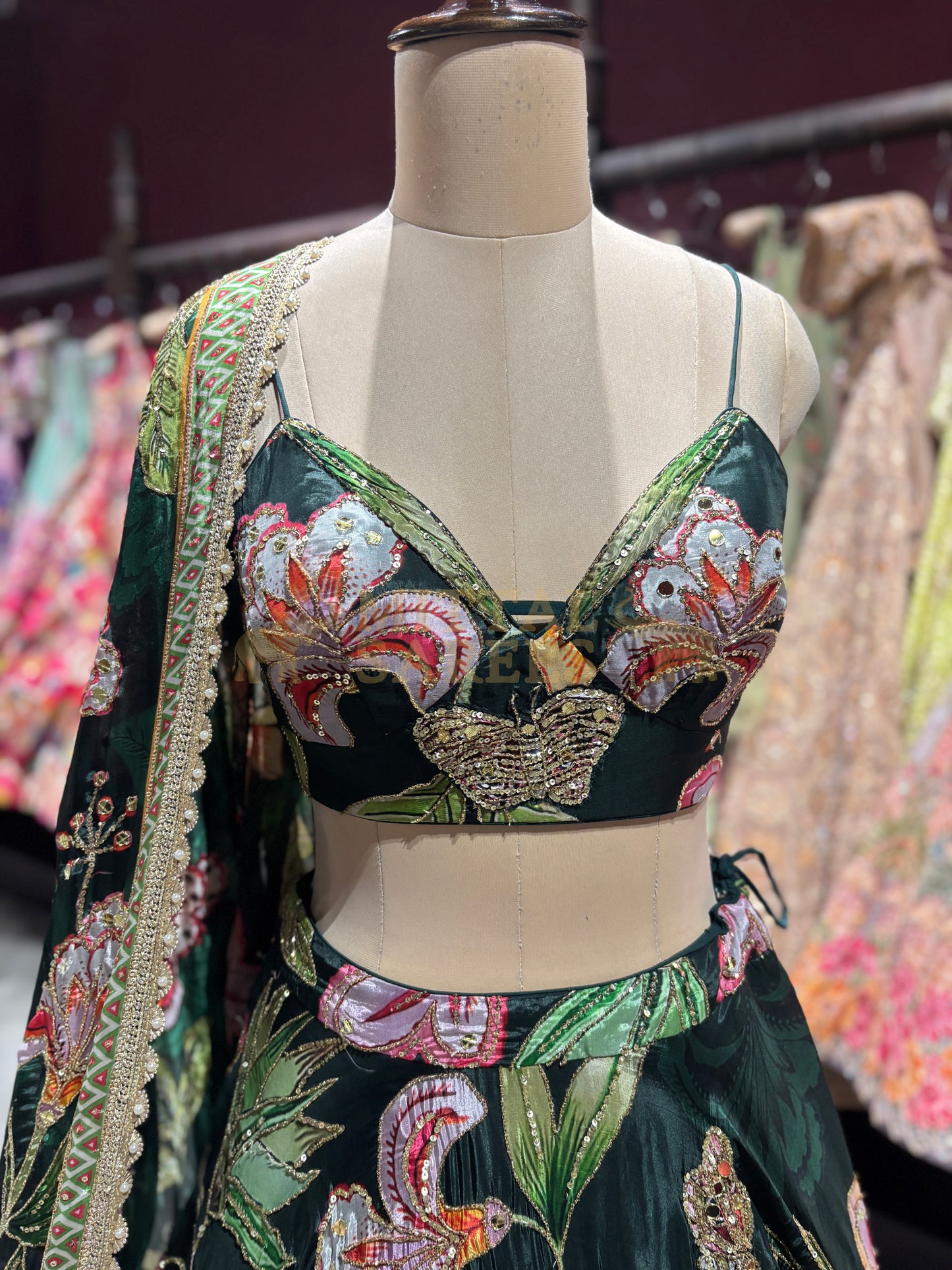 Bottle Green Floral Printed Designer Lehenga