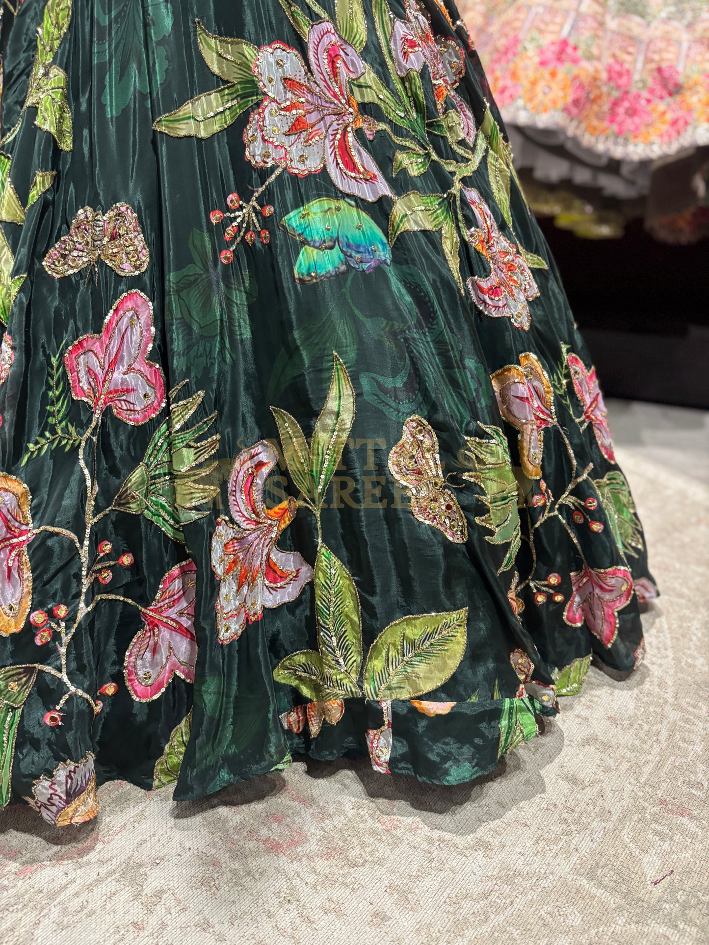 Bottle Green Floral Printed Designer Lehenga