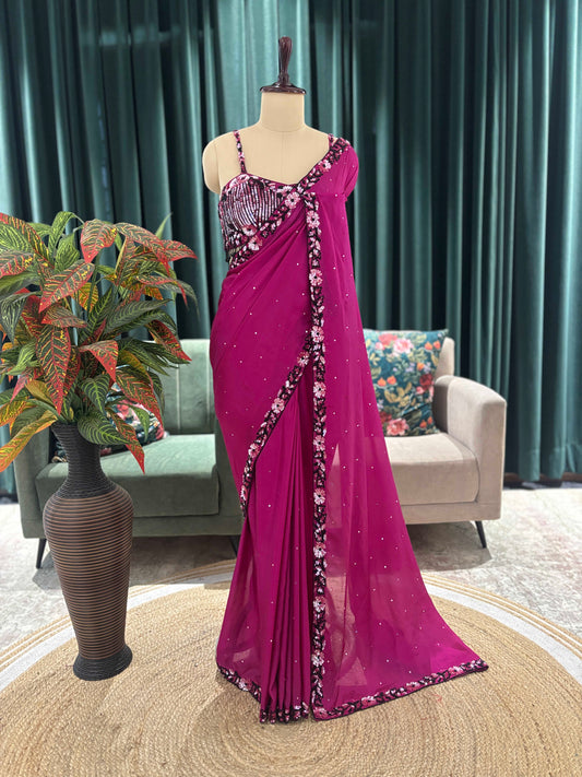 Magenta Embellished Saree with Sequin Floral Border