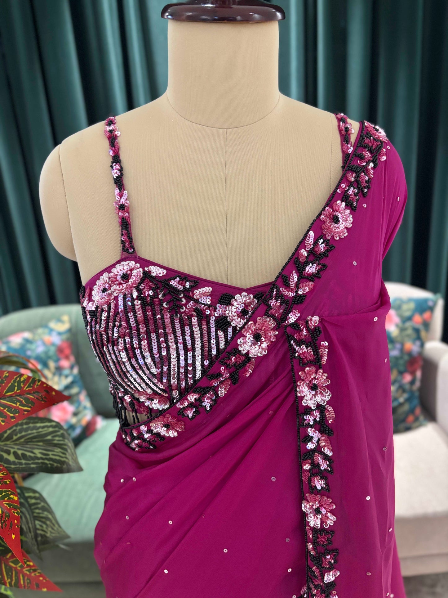 Magenta Embellished Saree with Sequin Floral Border