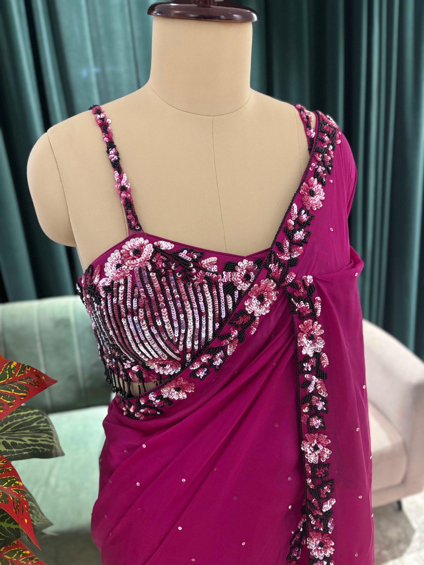 Magenta Embellished Saree with Sequin Floral Border
