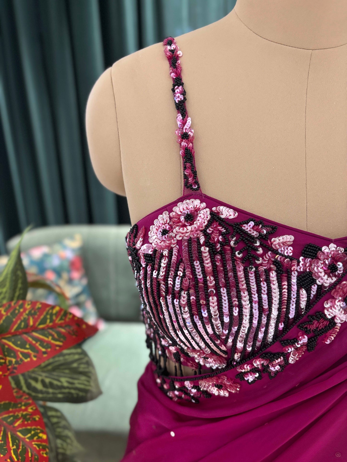 Magenta Embellished Saree with Sequin Floral Border