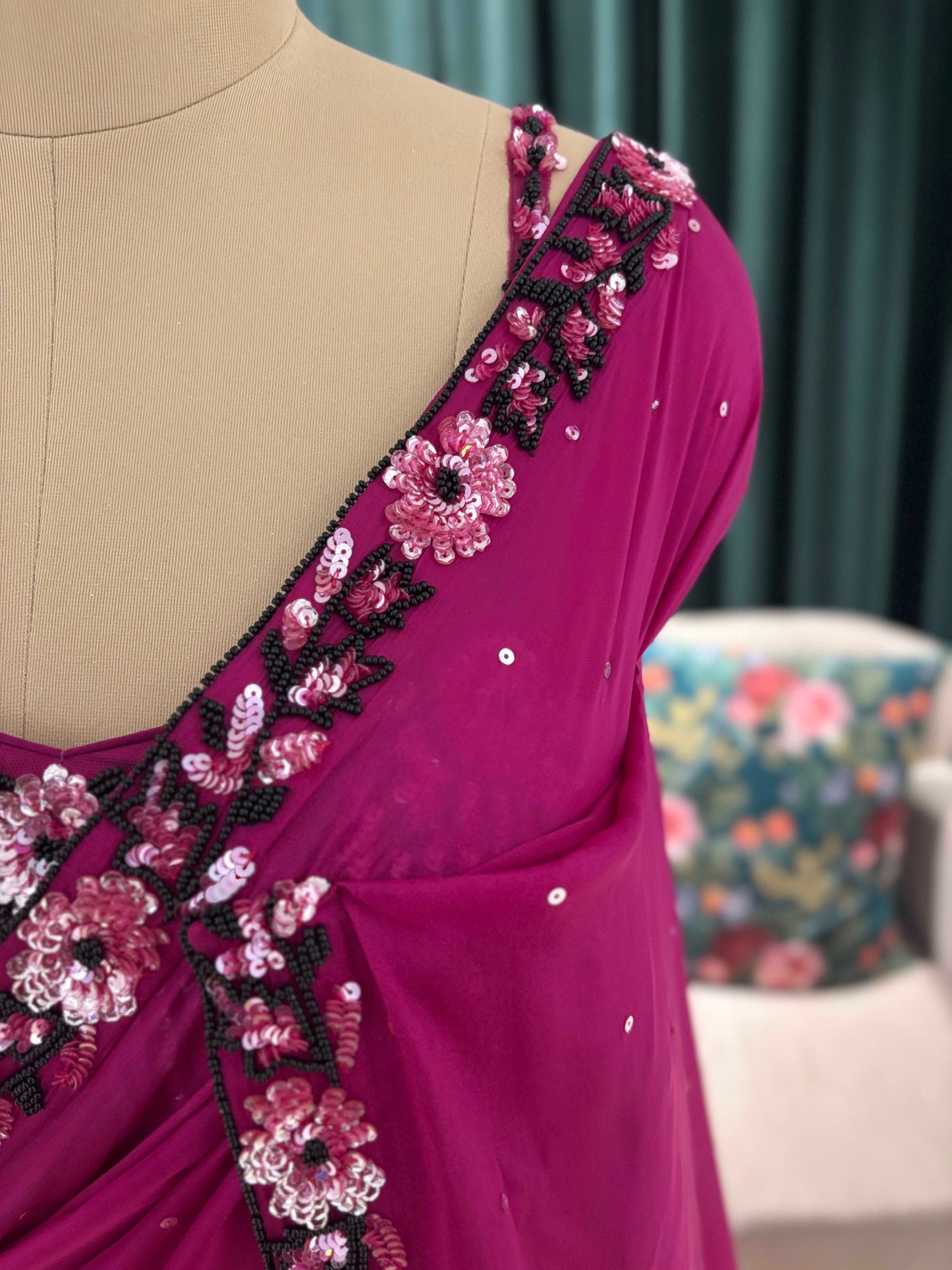 Magenta Embellished Saree with Sequin Floral Border