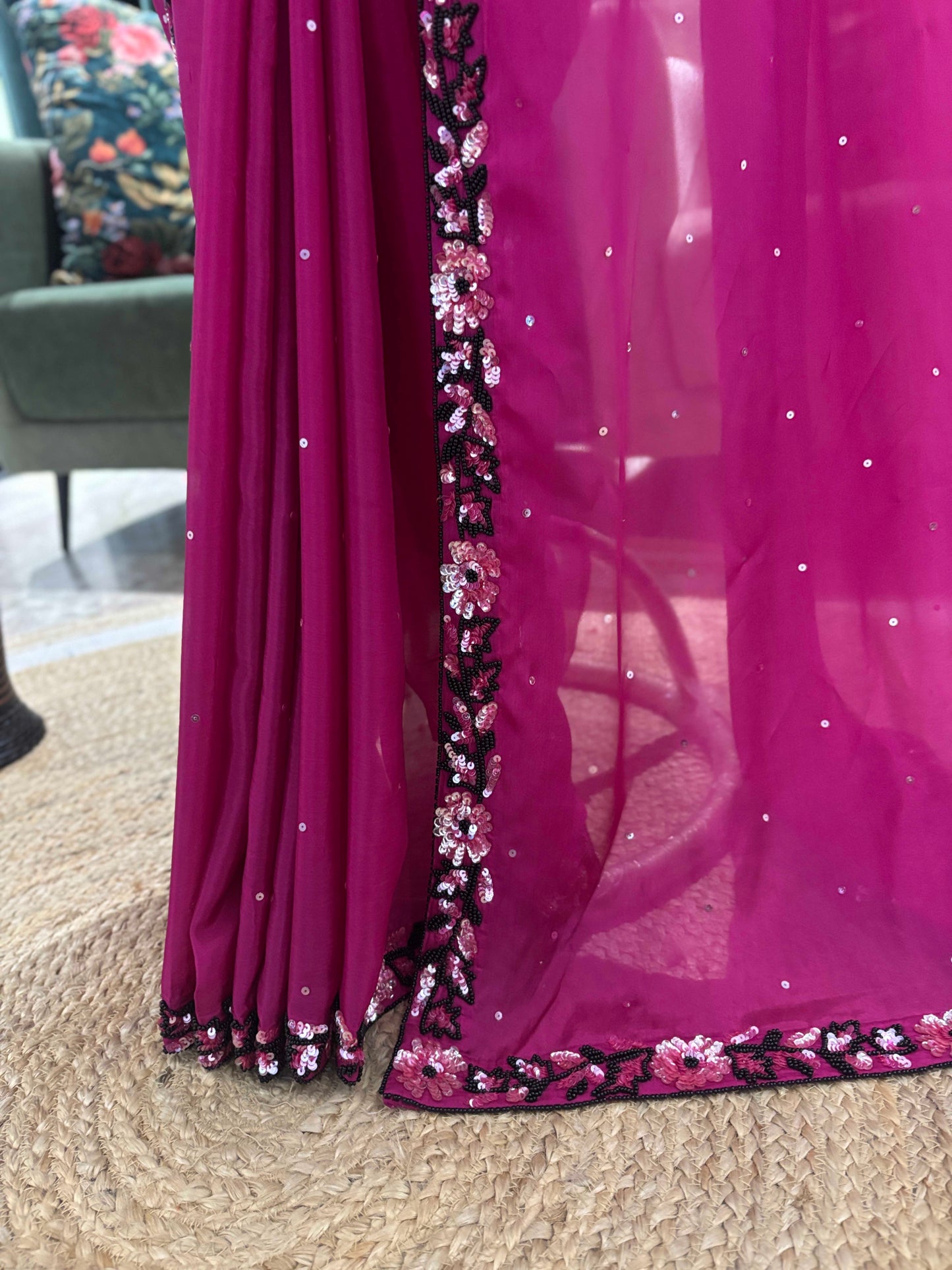 Magenta Embellished Saree with Sequin Floral Border