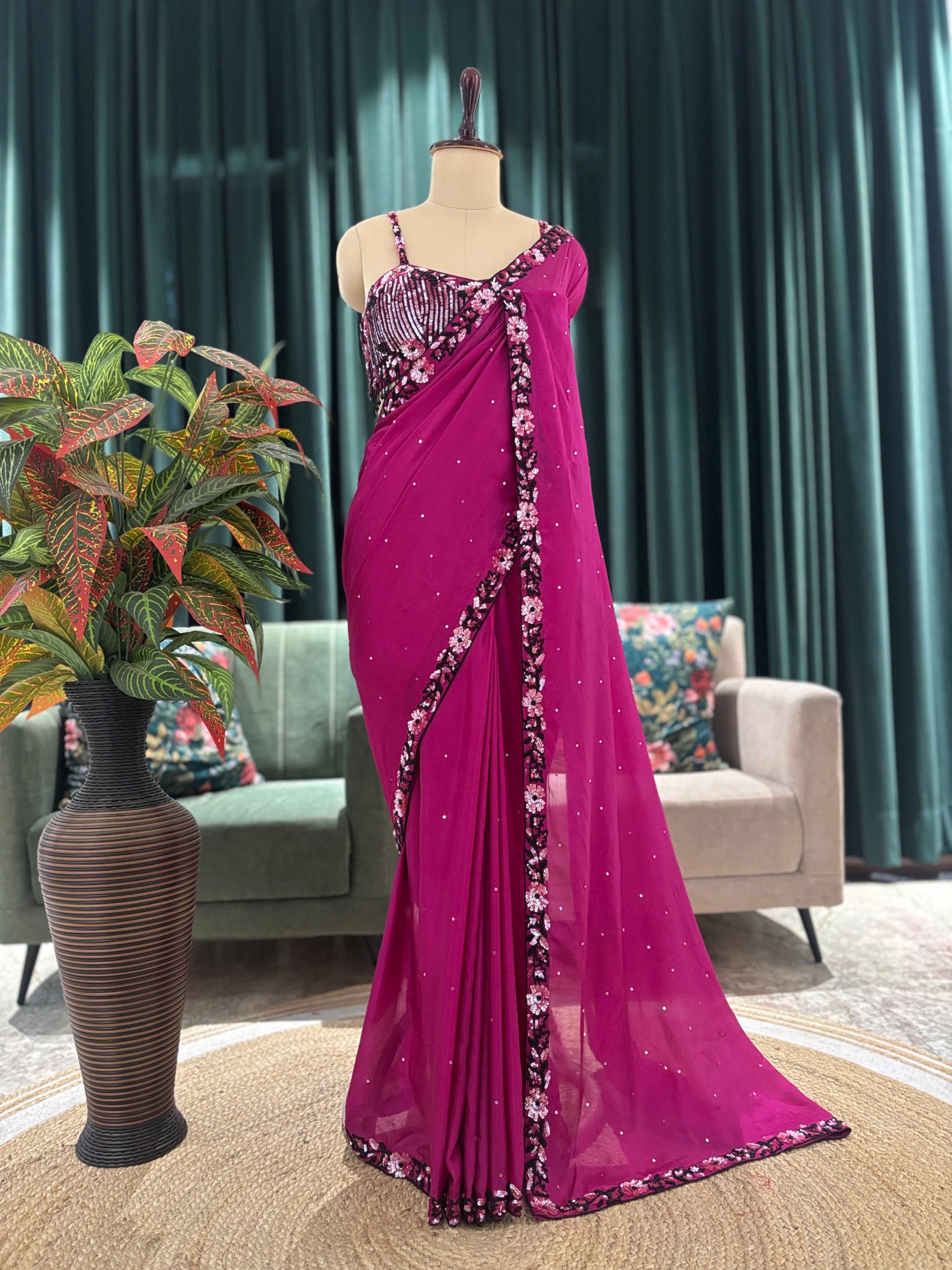 Magenta Embellished Saree with Sequin Floral Border