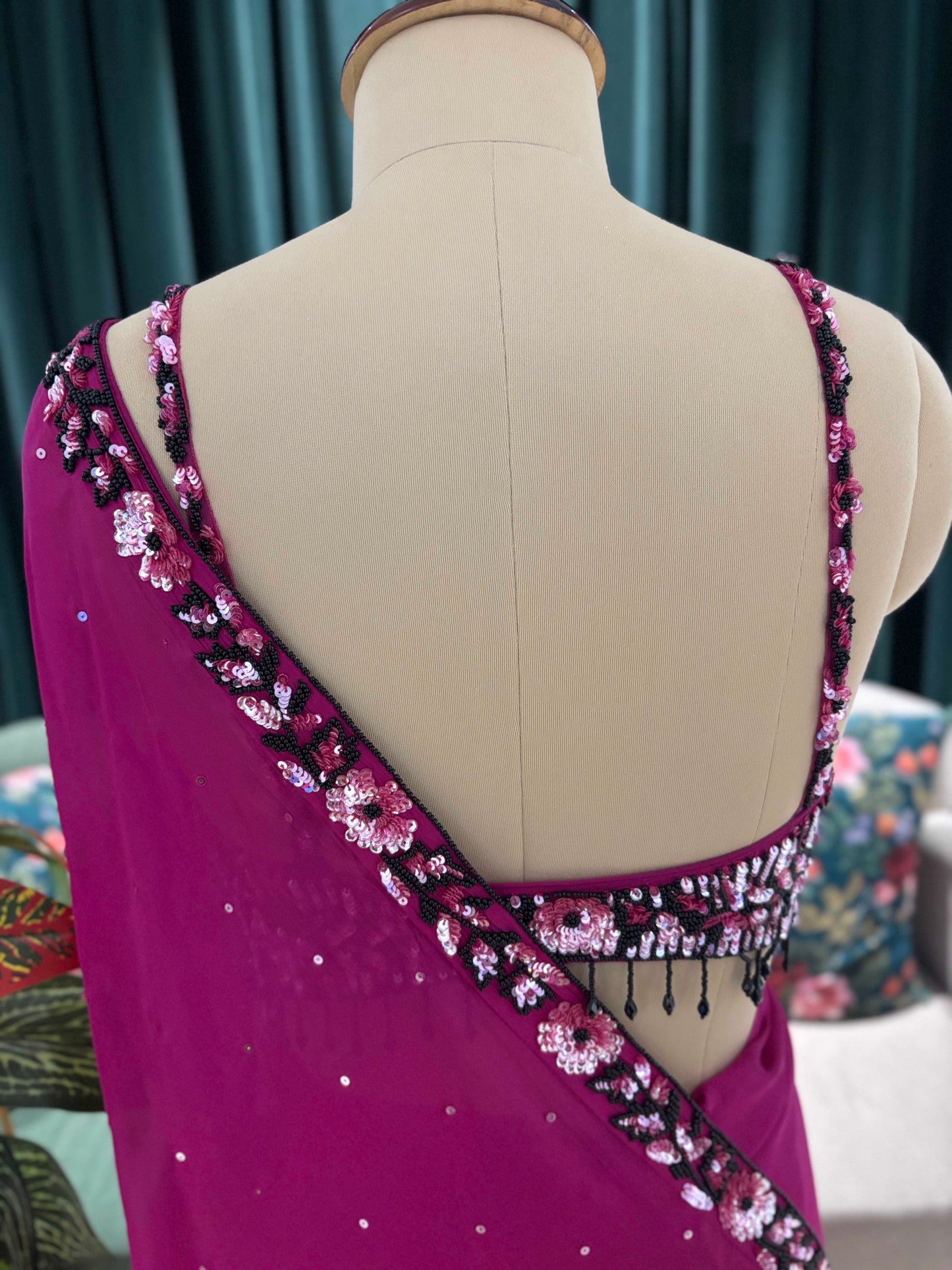 Magenta Embellished Saree with Sequin Floral Border