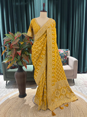 Mustard Yellow Bandhani Saree with Traditional Embroidery