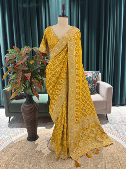 Mustard Yellow Bandhani Saree with Traditional Embroidery