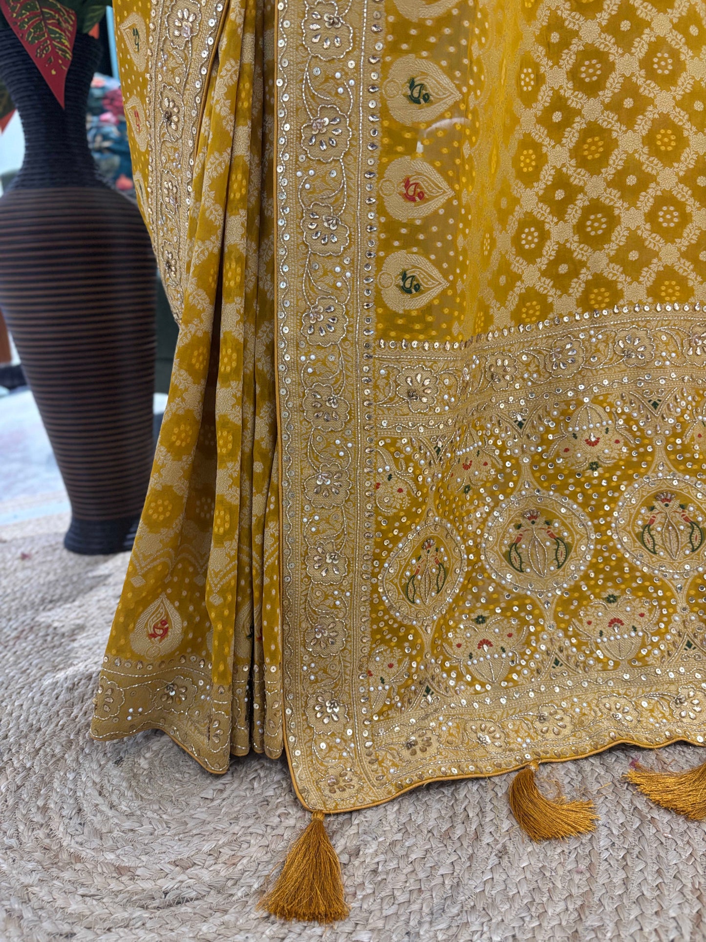 Mustard Yellow Bandhani Saree with Traditional Embroidery