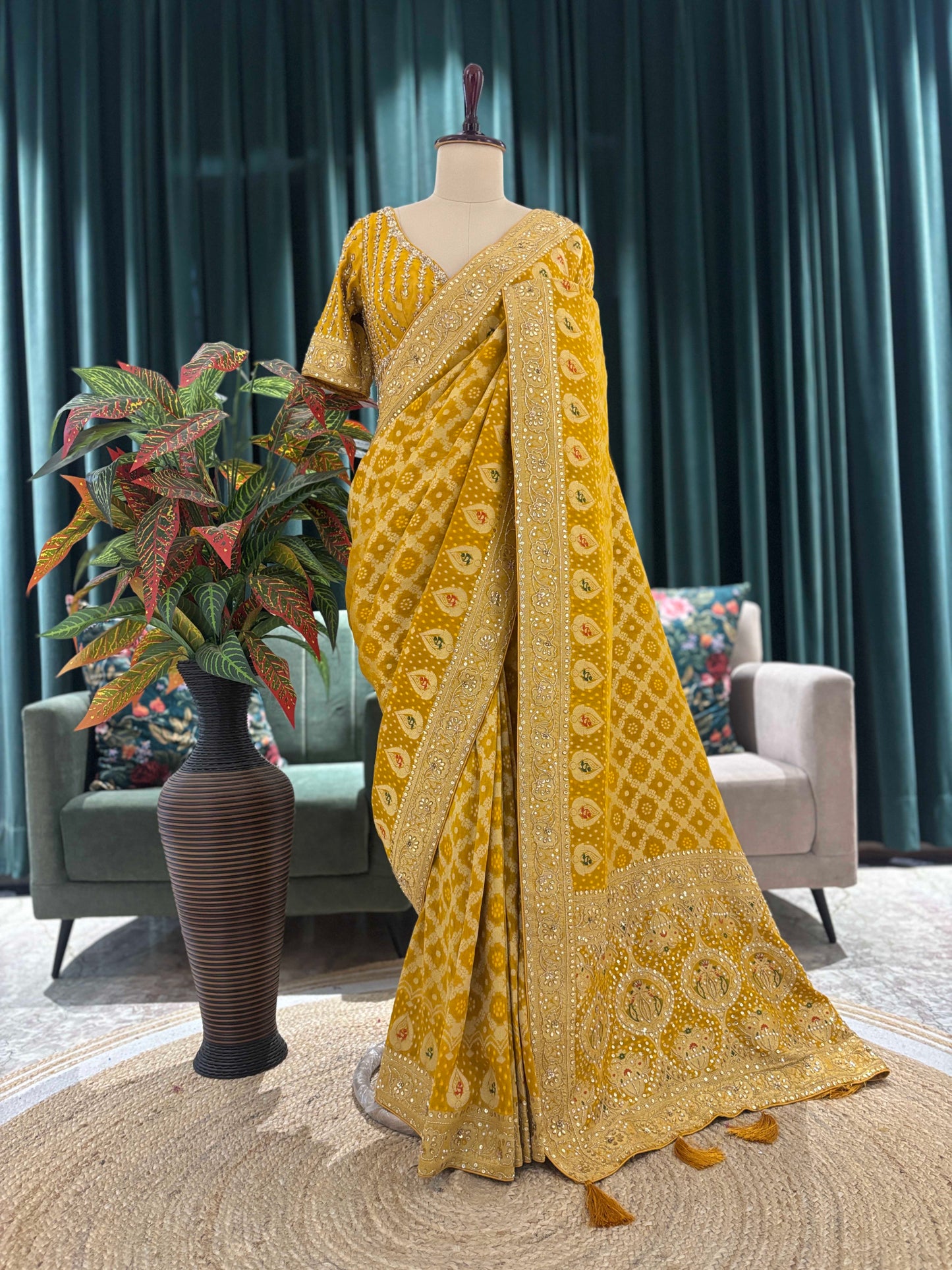 Mustard Yellow Bandhani Saree with Traditional Embroidery