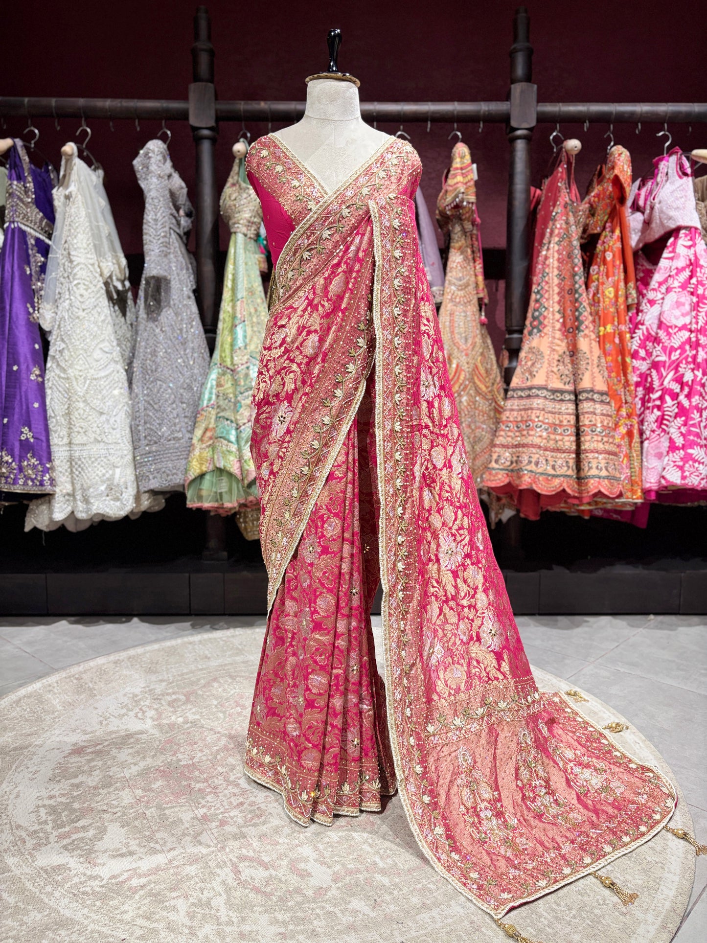 Rani Designer Saree with Heavy Golden Zari Embroidery & Embellished Border