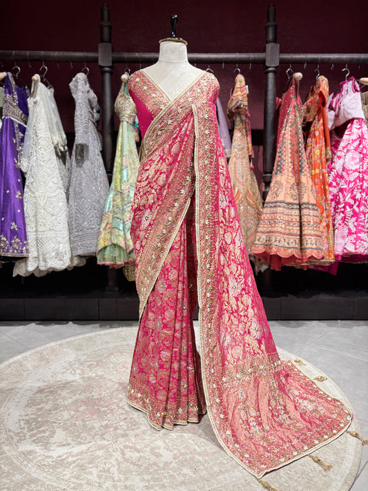Rani Designer Saree with Heavy Golden Zari Embroidery & Embellished Border
