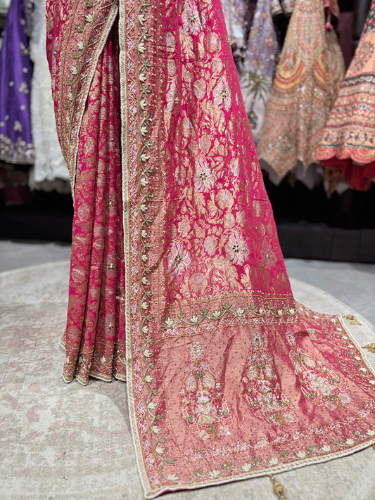 Rani Designer Saree with Heavy Golden Zari Embroidery & Embellished Border