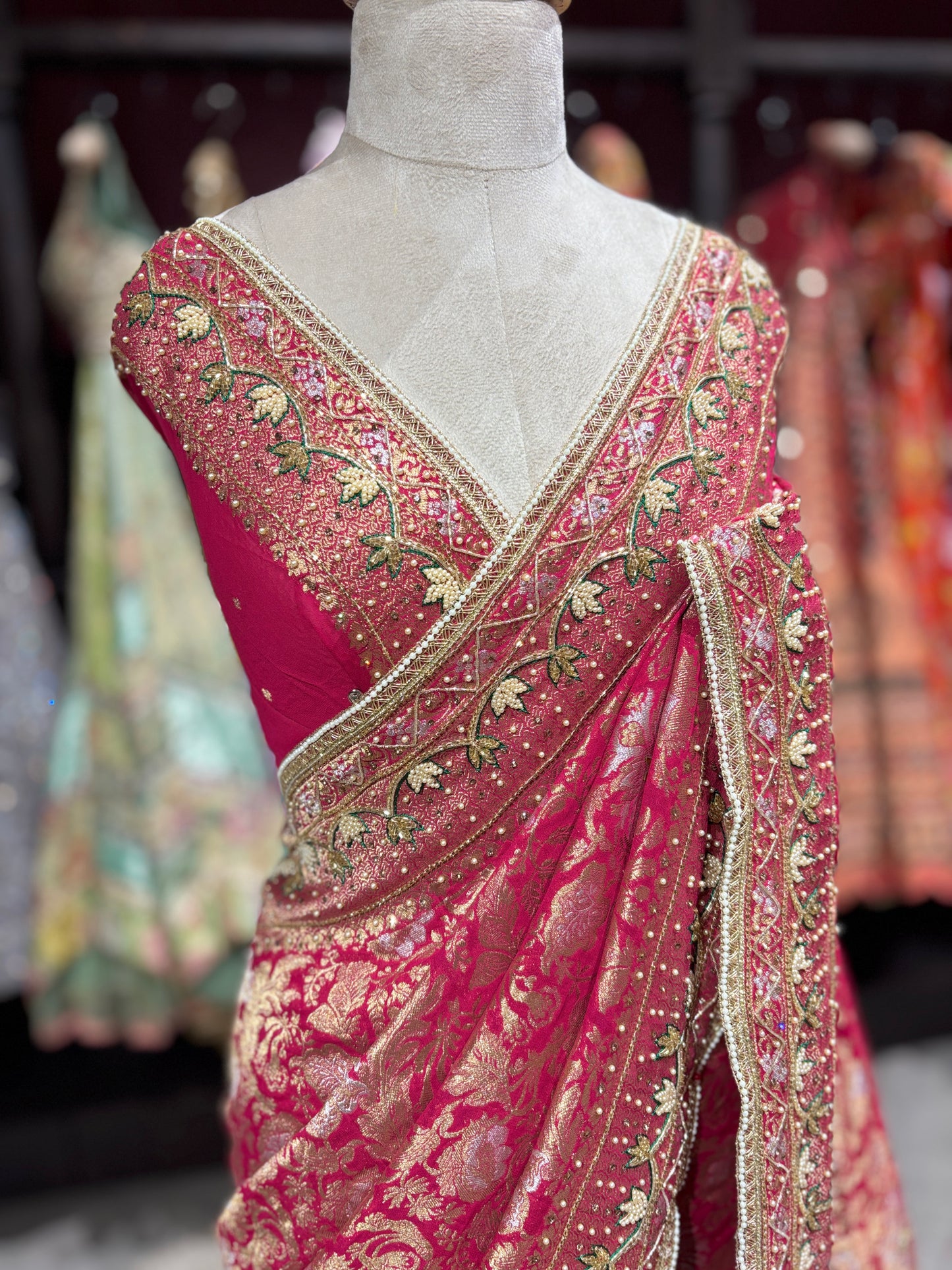 Rani Designer Saree with Heavy Golden Zari Embroidery & Embellished Border
