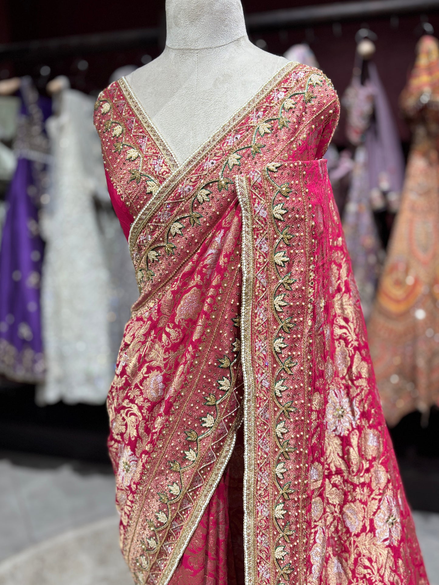 Rani Designer Saree with Heavy Golden Zari Embroidery & Embellished Border