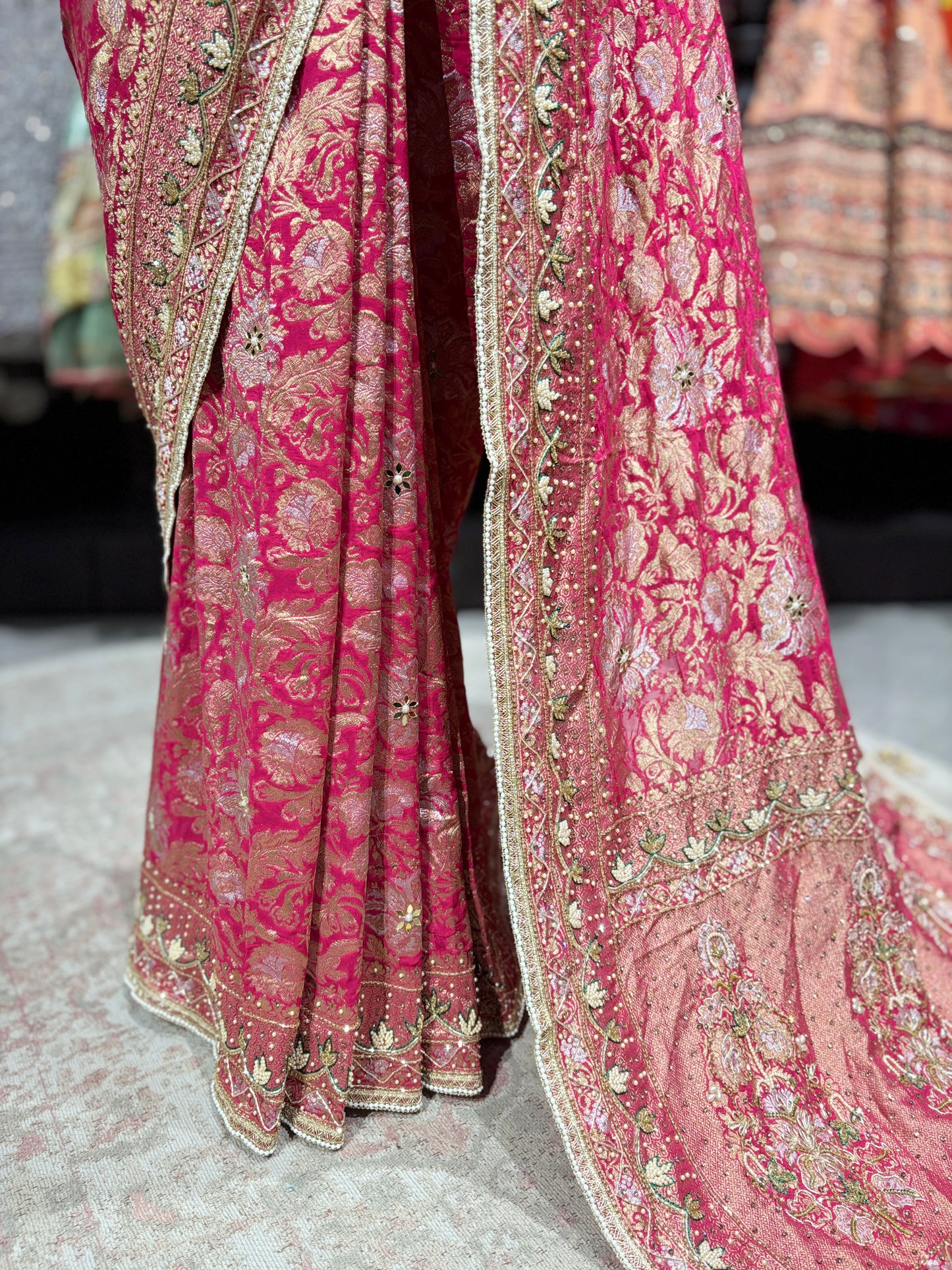 Rani Designer Saree with Heavy Golden Zari Embroidery & Embellished Border