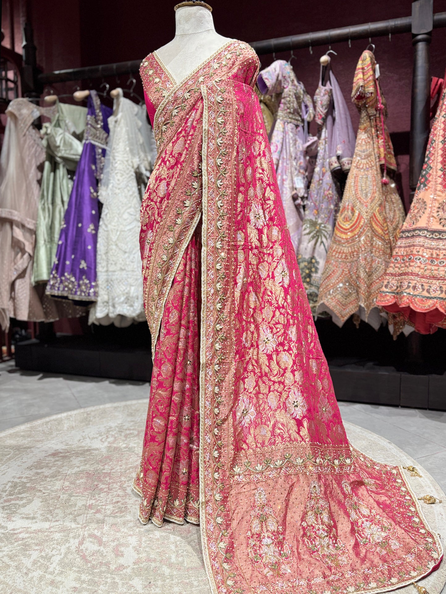 Rani Designer Saree with Heavy Golden Zari Embroidery & Embellished Border
