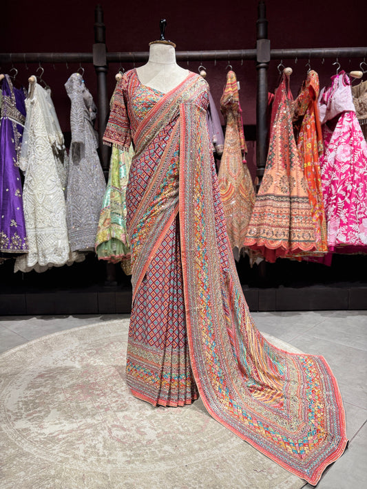 Multicolor Designer Saree with Embellished Border & Statement Pallu