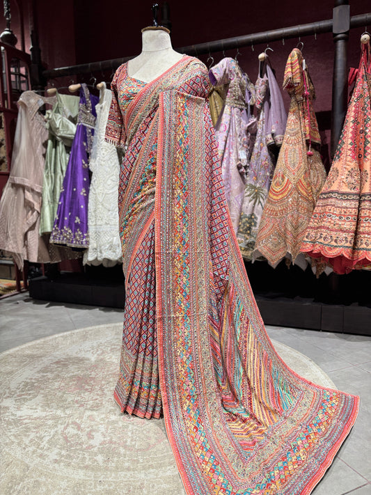 Multicolor Designer Saree with Embellished Border & Statement Pallu