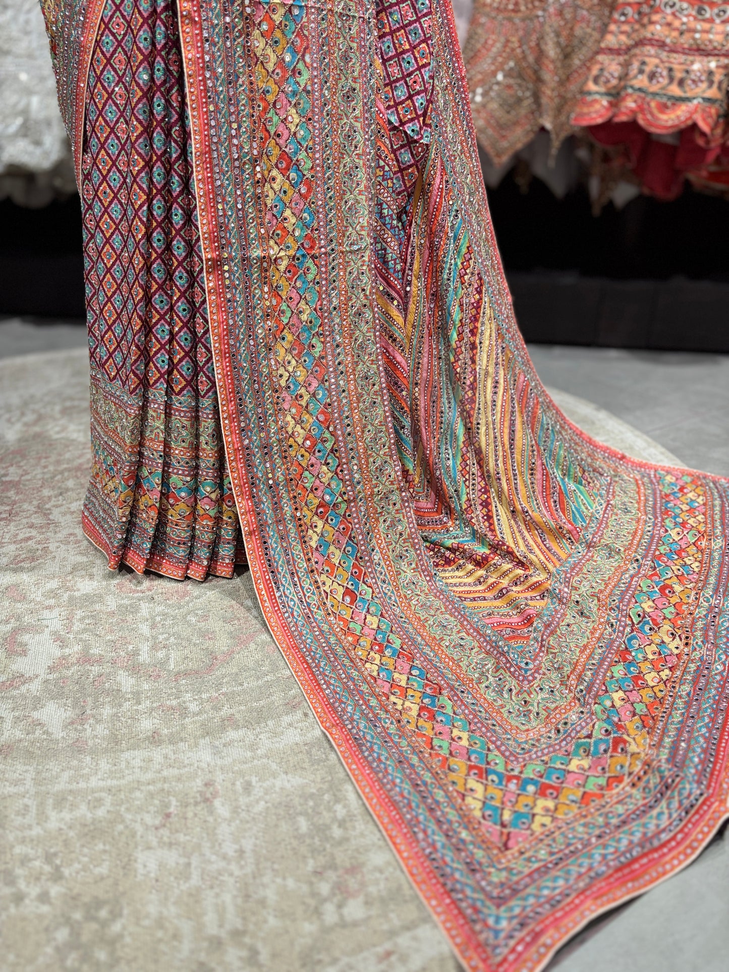 Multicolor Designer Saree with Embellished Border & Statement Pallu