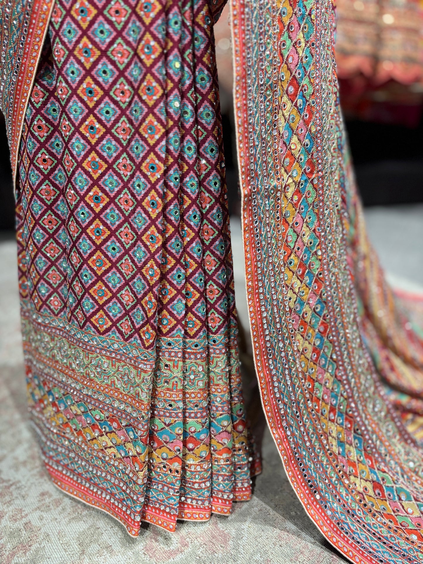 Multicolor Designer Saree with Embellished Border & Statement Pallu