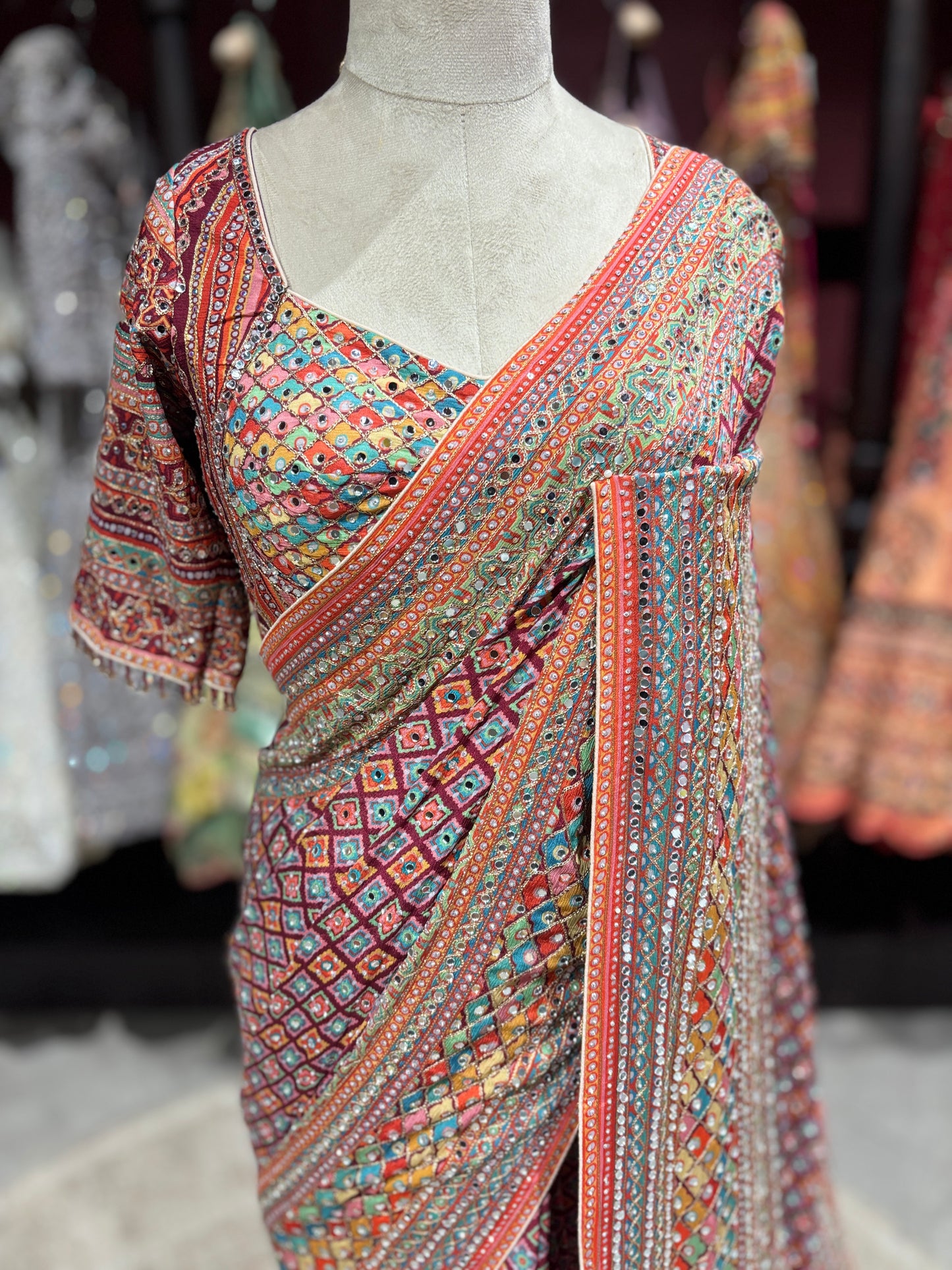 Multicolor Designer Saree with Embellished Border & Statement Pallu