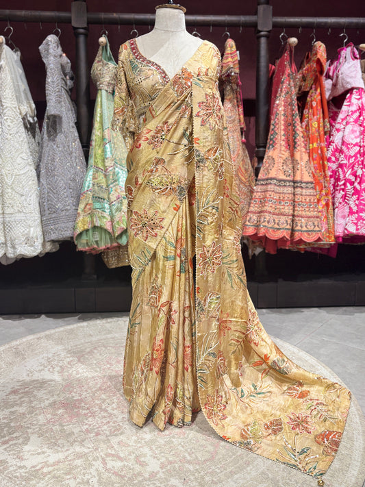 Golden Designer Saree with Floral Embroidery & Sequin Detailing