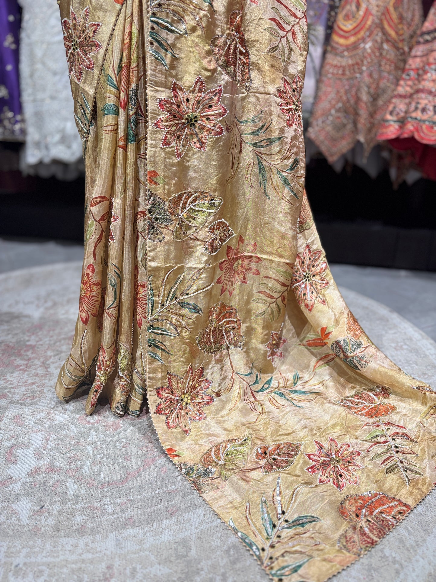 Golden Designer Saree with Floral Embroidery & Sequin Detailing