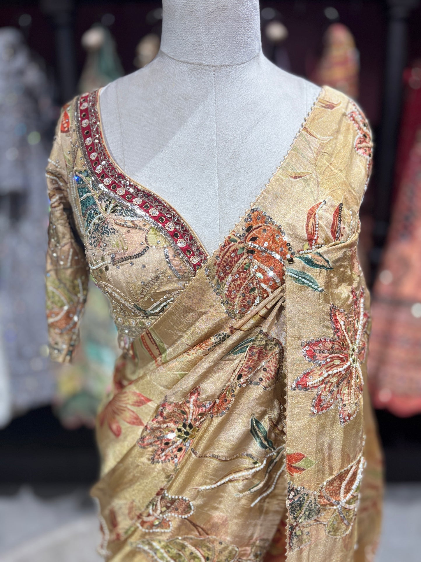 Golden Designer Saree with Floral Embroidery & Sequin Detailing