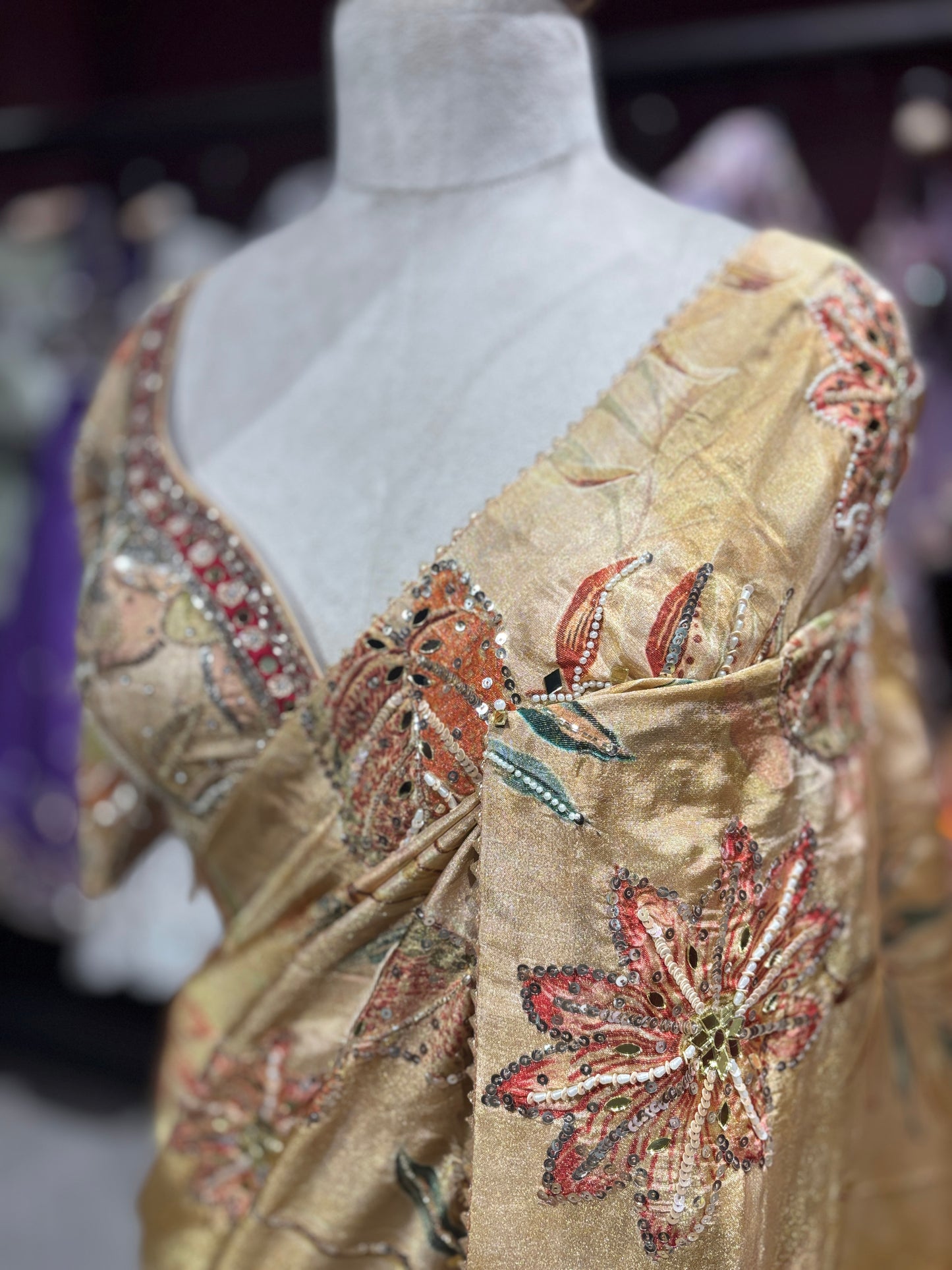 Golden Designer Saree with Floral Embroidery & Sequin Detailing