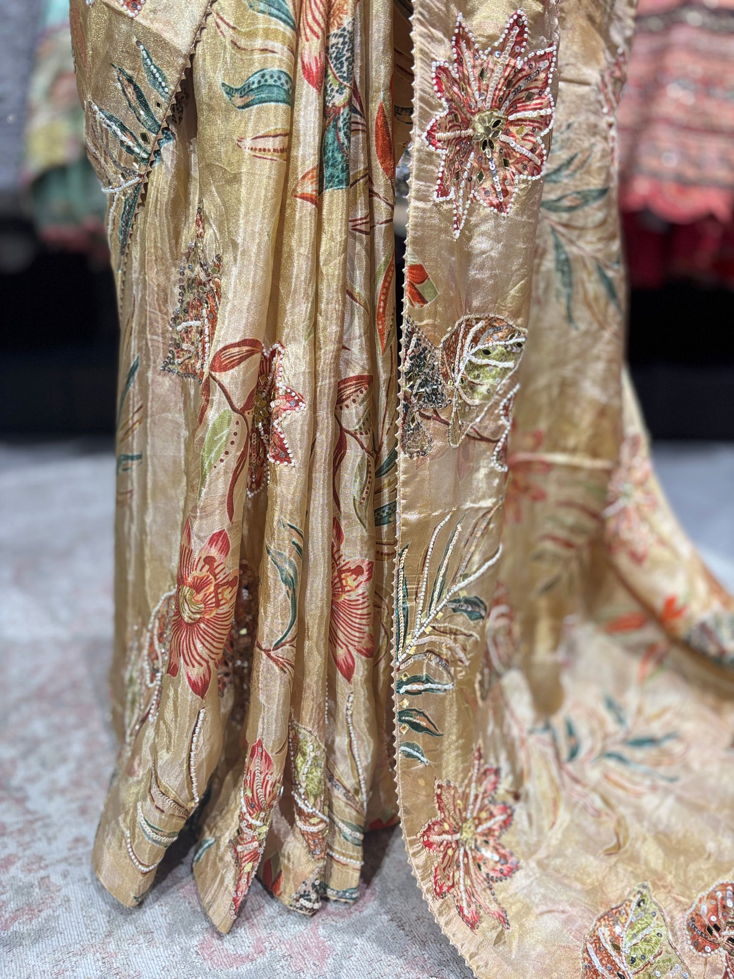 Golden Designer Saree with Floral Embroidery & Sequin Detailing