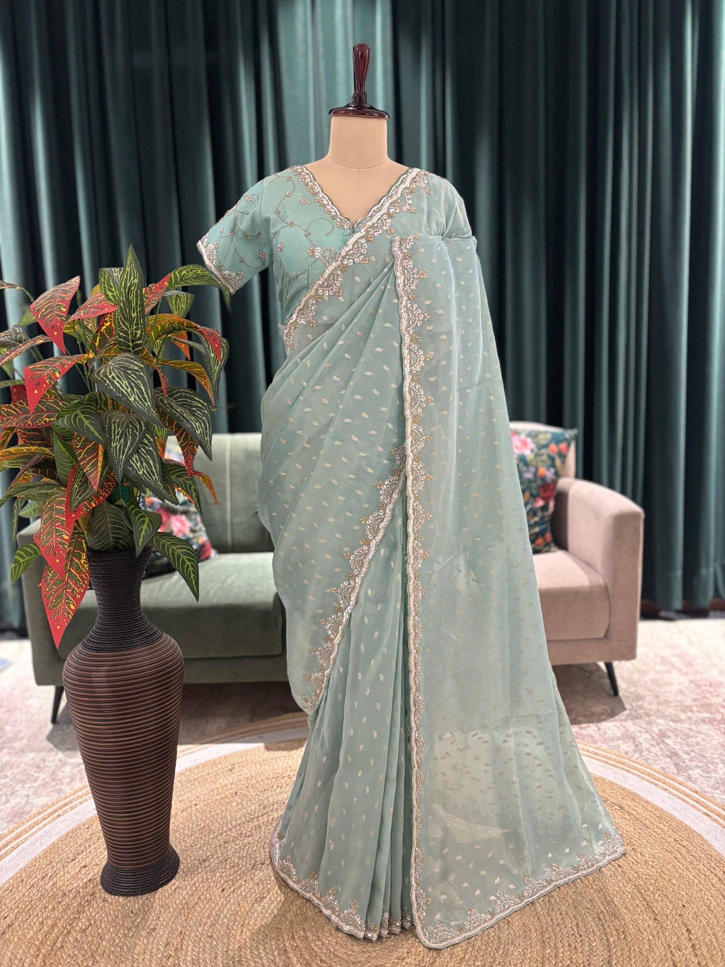 Sea Green Embroidered Saree With Sequin Border Party Wear