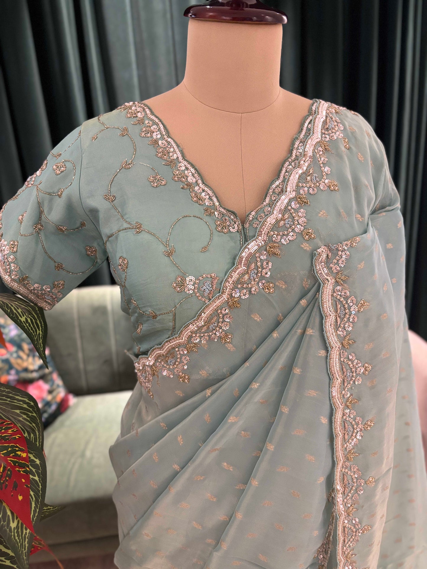 Sea Green Embroidered Saree With Sequin Border Party Wear