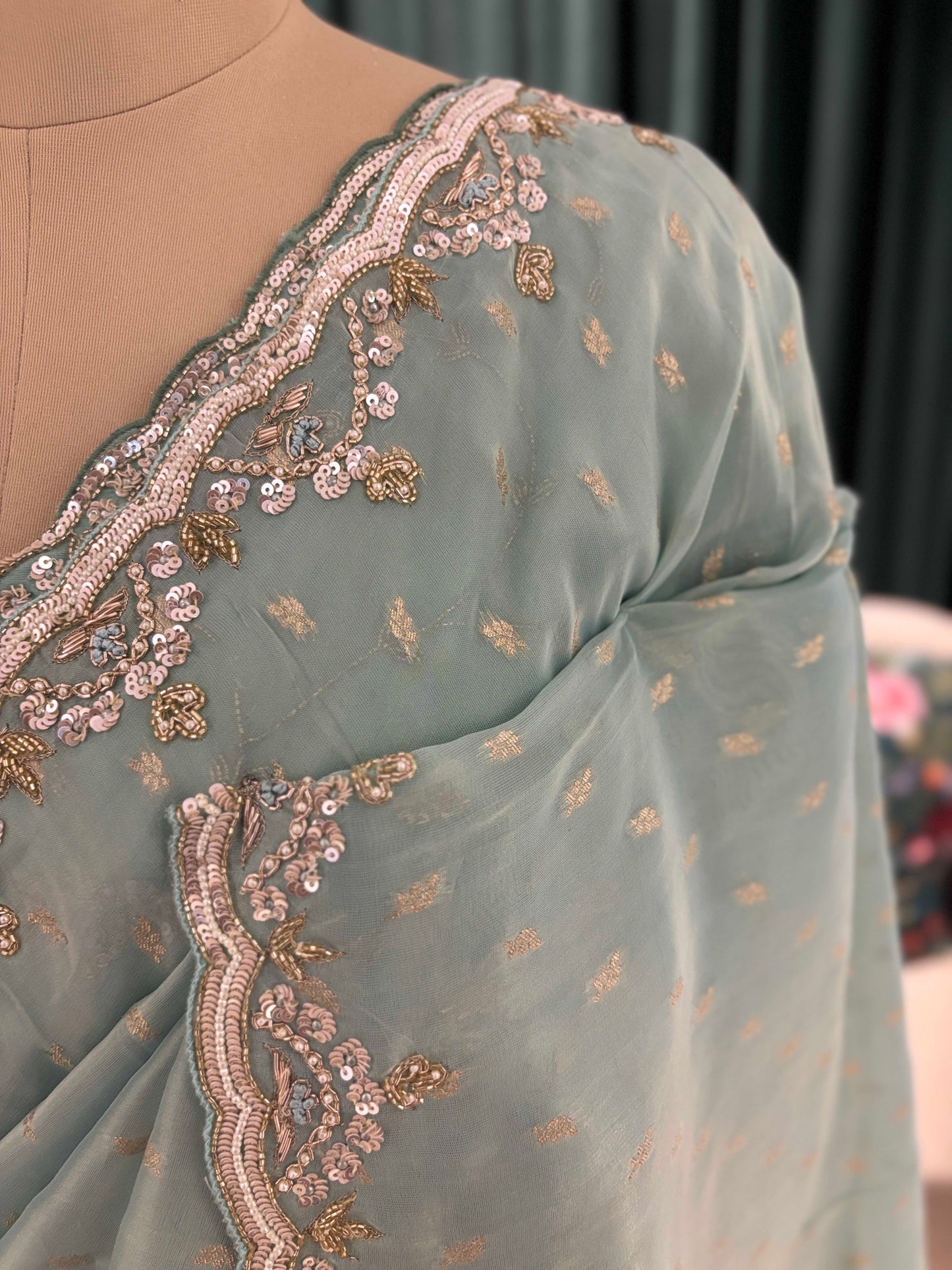 Sea Green Embroidered Saree With Sequin Border Party Wear