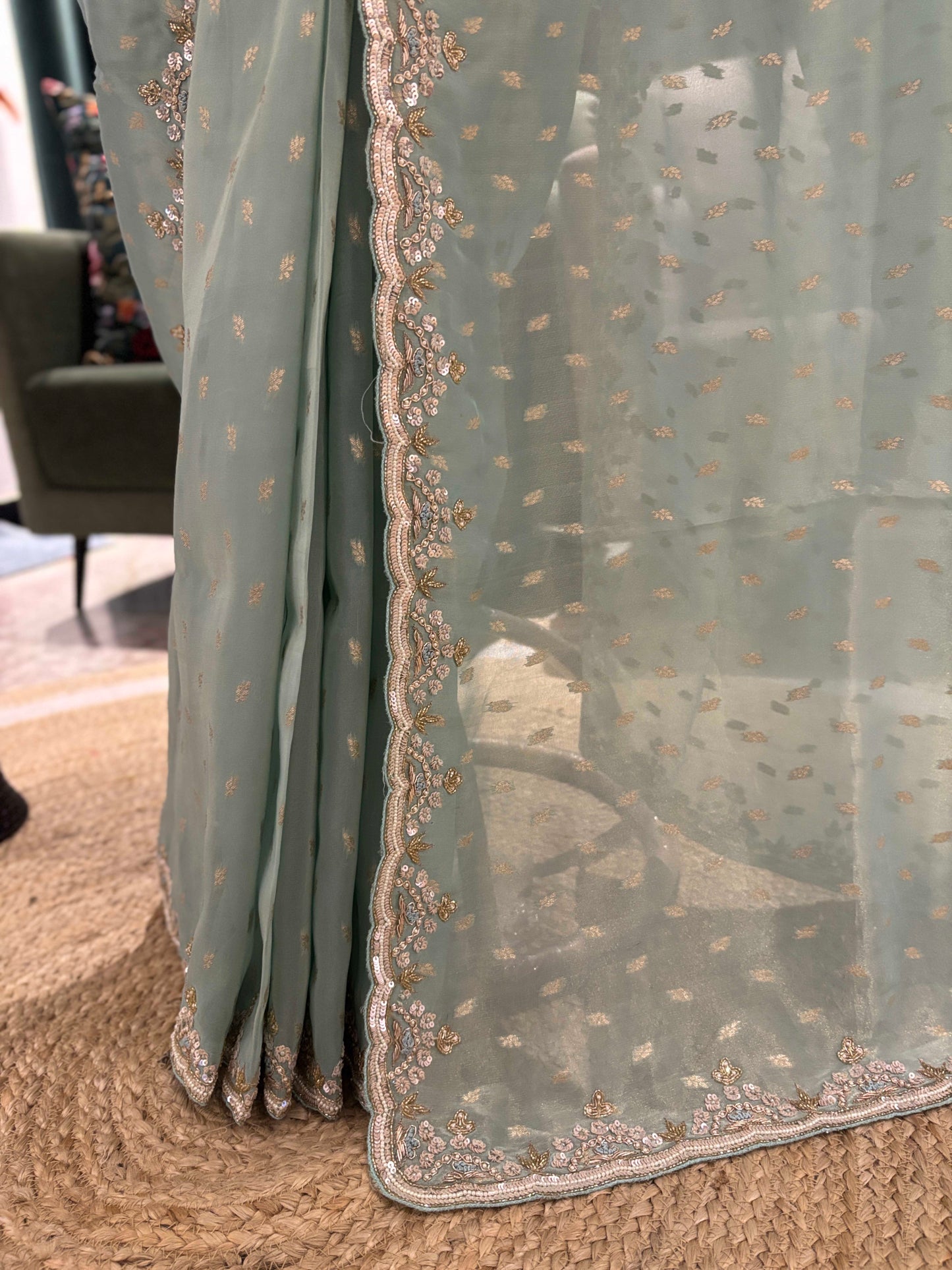 Sea Green Embroidered Saree With Sequin Border Party Wear